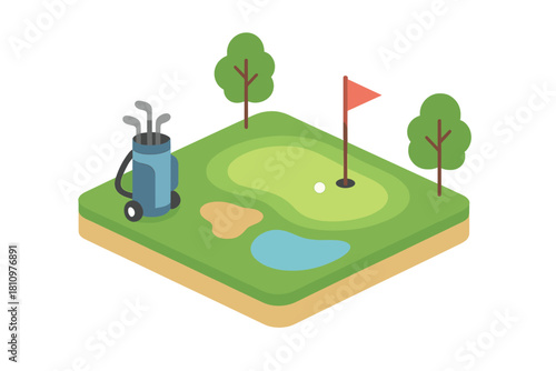 Isometric golf course putting green with flag and equipment