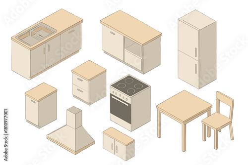 Isometric kitchen furniture and appliance elements for interior design