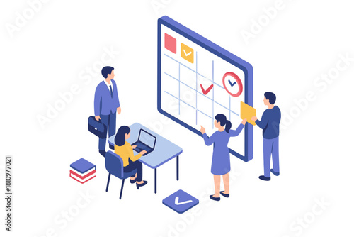 Isometric business team planning tasks on large digital calendar board