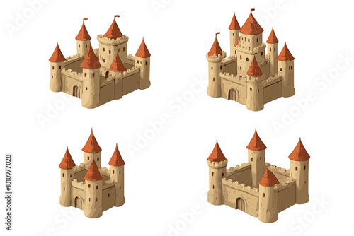 Isometric set of medieval castle icons featuring tan stone walls and red roofs