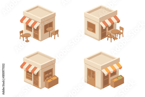 Isometric small shop building variations with awnings and outdoor seating