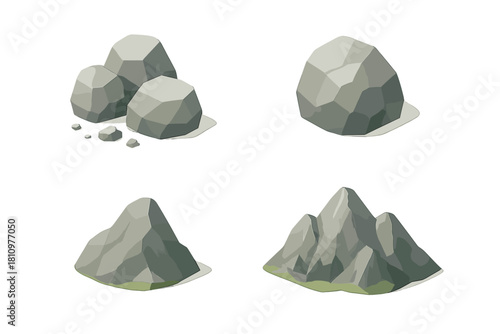 Isometric low poly rock and mountain set for game assets
