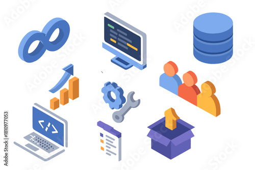 Isometric icons set for software development and continuous integration concepts