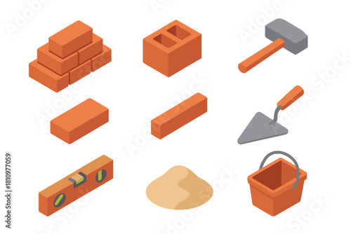 Isometric set of construction and masonry tools with building materials