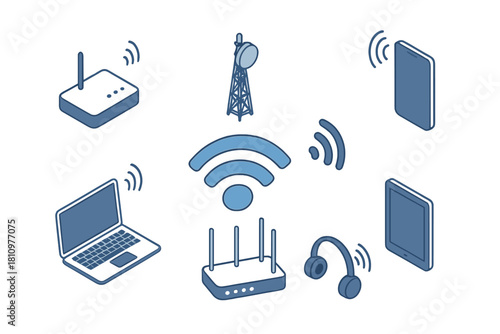 Isometric icons set for wireless network connection and communication technology