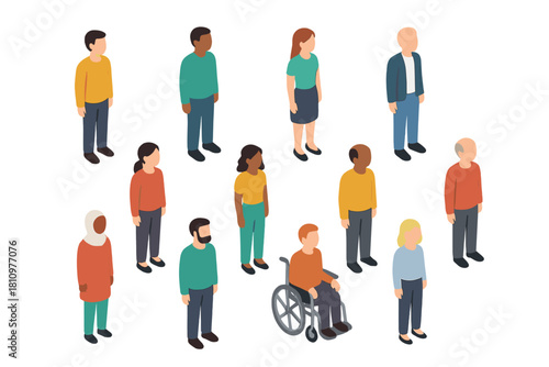 Isometric diverse group of people standing including person in wheelchair
