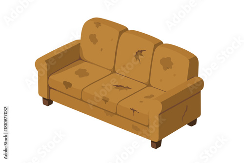 Isometric view of old worn out three-seater sofa with stains and holes