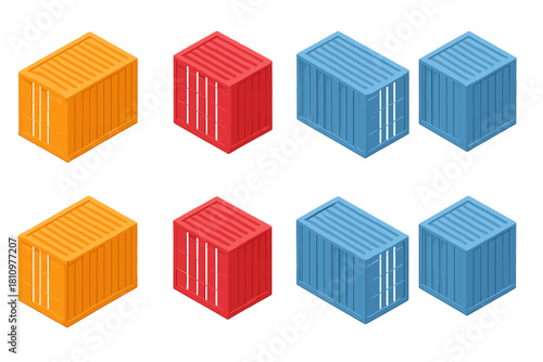 Isometric shipping containers in vibrant orange, red, and blue colors