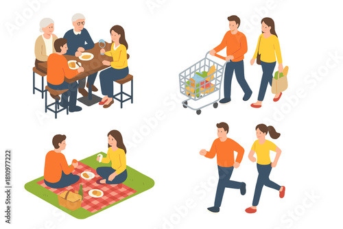 Isometric scenes depicting daily life activities for family and couples