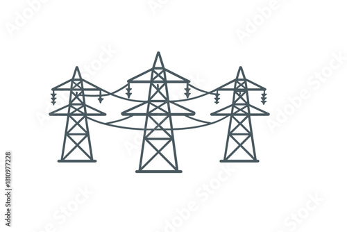 Three high voltage electricity transmission towers with power lines icon outline