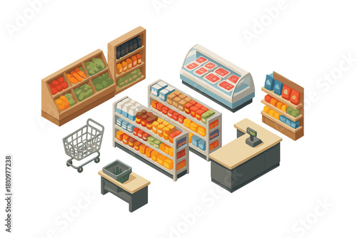 Isometric elements of a modern grocery store interior with produce and checkout