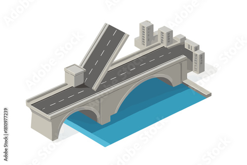 Isometric drawbridge opening over river with city buildings background