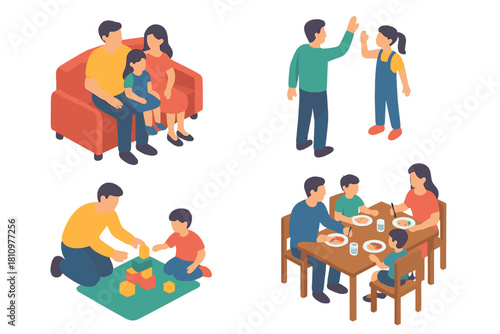 Isometric scenes of modern family interacting in daily life activities