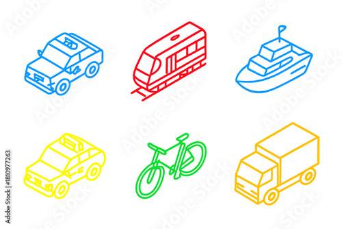 Isometric outline icons featuring colorful transportation vehicles for travel and logistics
