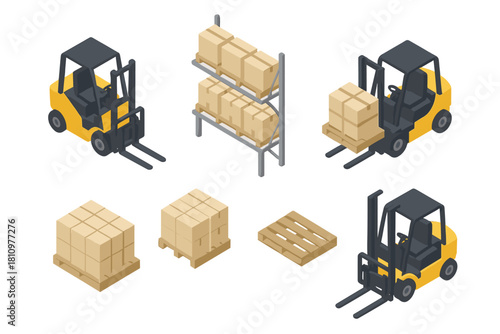 Isometric forklift trucks loading and unloading cargo boxes on pallets