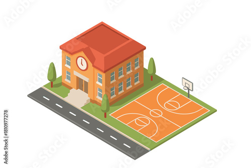 Isometric school building with outdoor basketball court and street view