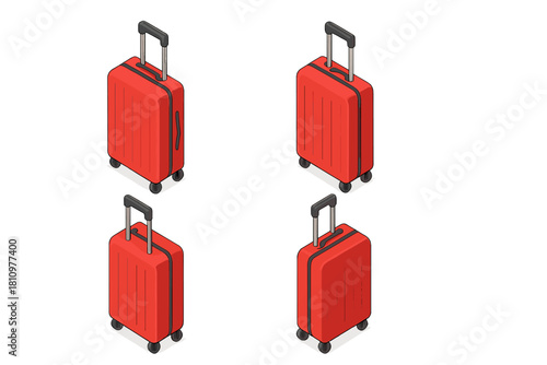 Four isometric red rolling suitcases with retractable handles