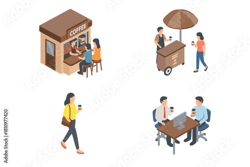 Isometric scenes of coffee consumption featuring kiosk and mobile cart service