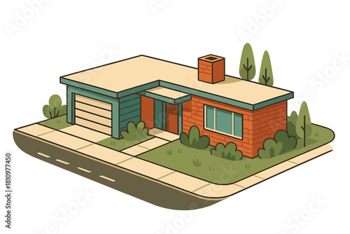 Isometric mid-century modern ranch house with garage and landscaping elements