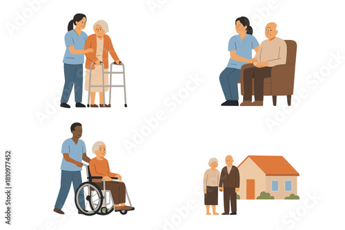 Nurses providing assistance and support to elderly people in home settings