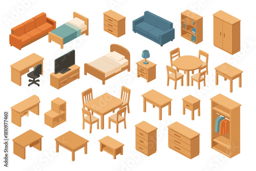Isometric collection of wooden and upholstered home furnishing elements