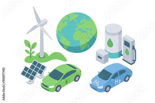 Isometric view of electric and hydrogen fuel cell vehicles with renewable energy sources
