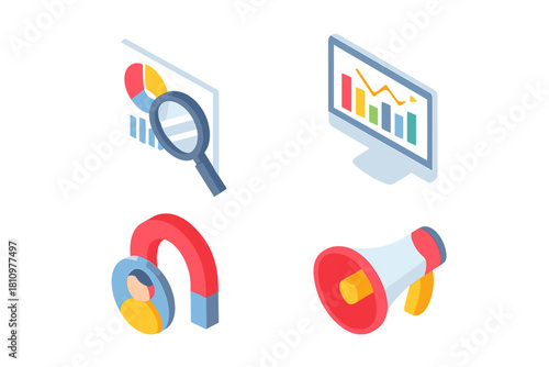 Isometric icons for business analysis marketing and customer attraction concepts