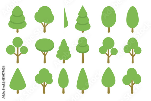 Set of various green deciduous and coniferous tree icons in flat style
