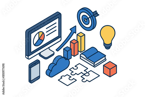 Isometric business strategy icons featuring data analysis and idea generation concepts