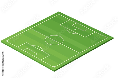 Isometric view of green soccer field with goal areas and center circle markings