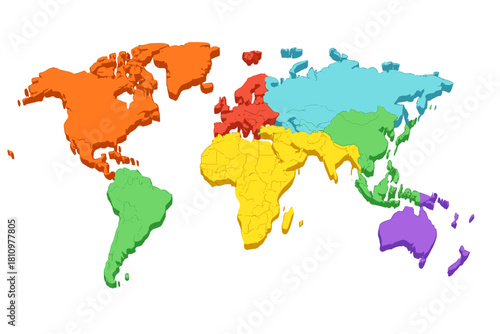 Color coded 3D world map continents with raised relief visualization