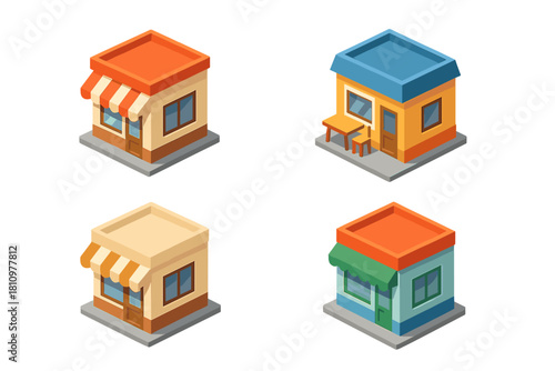 Isometric colorful shop buildings with awnings and outdoor seating elements