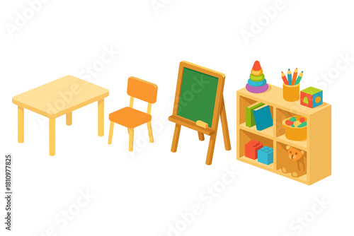 Isometric furniture and toys for preschool classroom setting