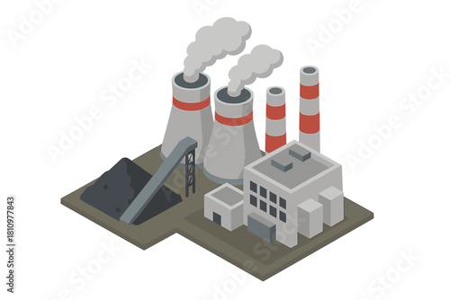 Isometric coal power station with cooling towers and smoke emission