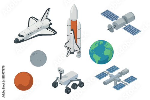 Isometric icons set for space exploration featuring shuttle, rocket, and celestial bodies