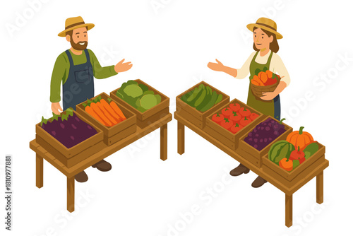 Isometric farmers selling fresh produce at outdoor market stalls