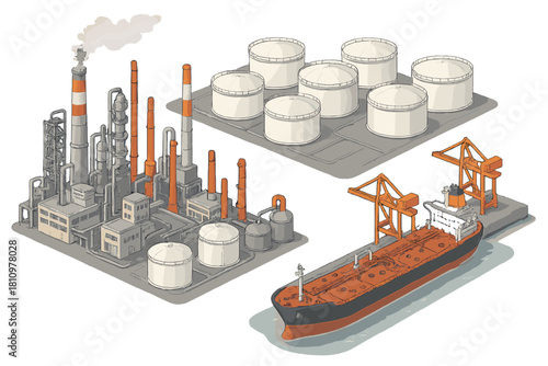 Isometric view of oil refinery complex with storage tanks and tanker ship at port