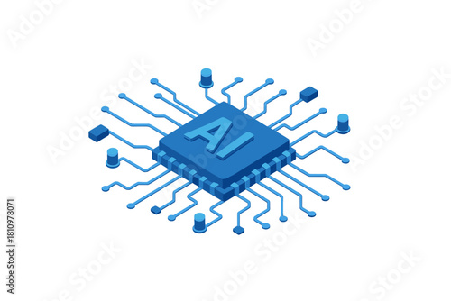 Isometric blue microchip with connecting pins and inscription