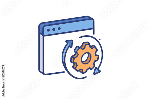 Browser window displaying rotating gear and refresh arrows icon