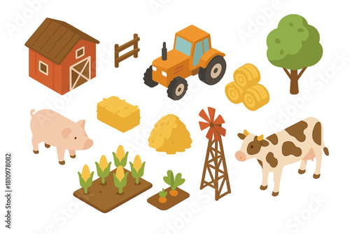 Isometric farm elements set featuring barn, tractor, animals, and various crops