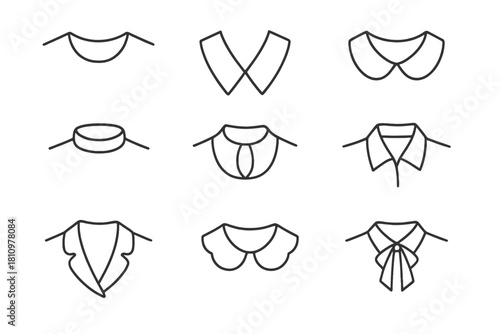 Nine different clothing collar styles in simple black outline icons