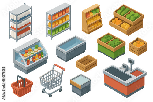 Isometric collection of grocery store equipment and retail display elements