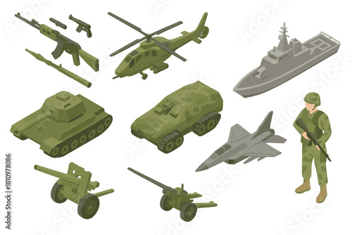 Isometric military equipment and soldier collection in olive green tones