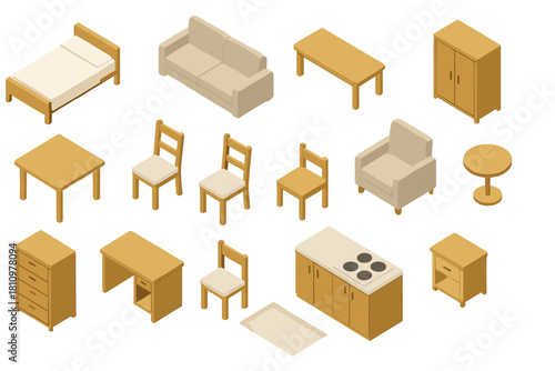 Isometric set of various wooden household furniture and kitchen elements