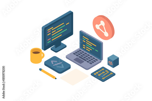 Isometric programming workspace with computer monitor and laptop setup