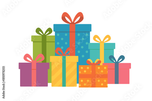 Assortment of colorful wrapped gift boxes with decorative ribbons