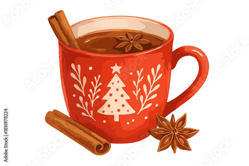 Red ceramic mug filled with hot chocolate and aromatic spices