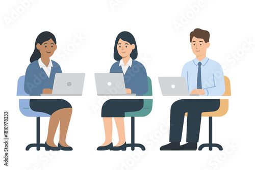 Diverse business professionals collaborating using modern portable computers at desks