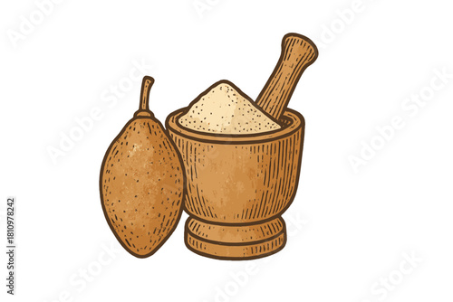 Baobab fruit powder in wooden mortar and pestle setup