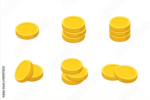 Isometric golden coins stacks and piles set isolated on white background